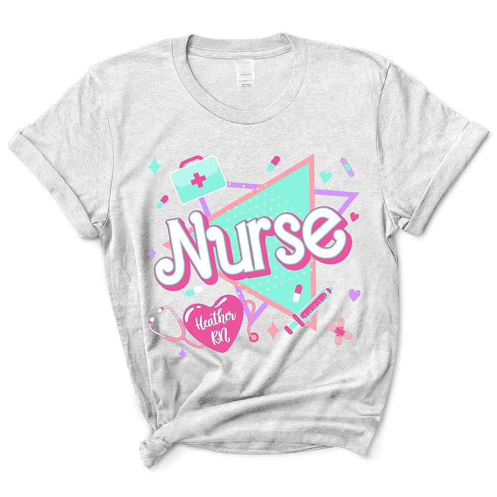 Personalized Nurse Shirt - Custom Name and Title Pink 80s